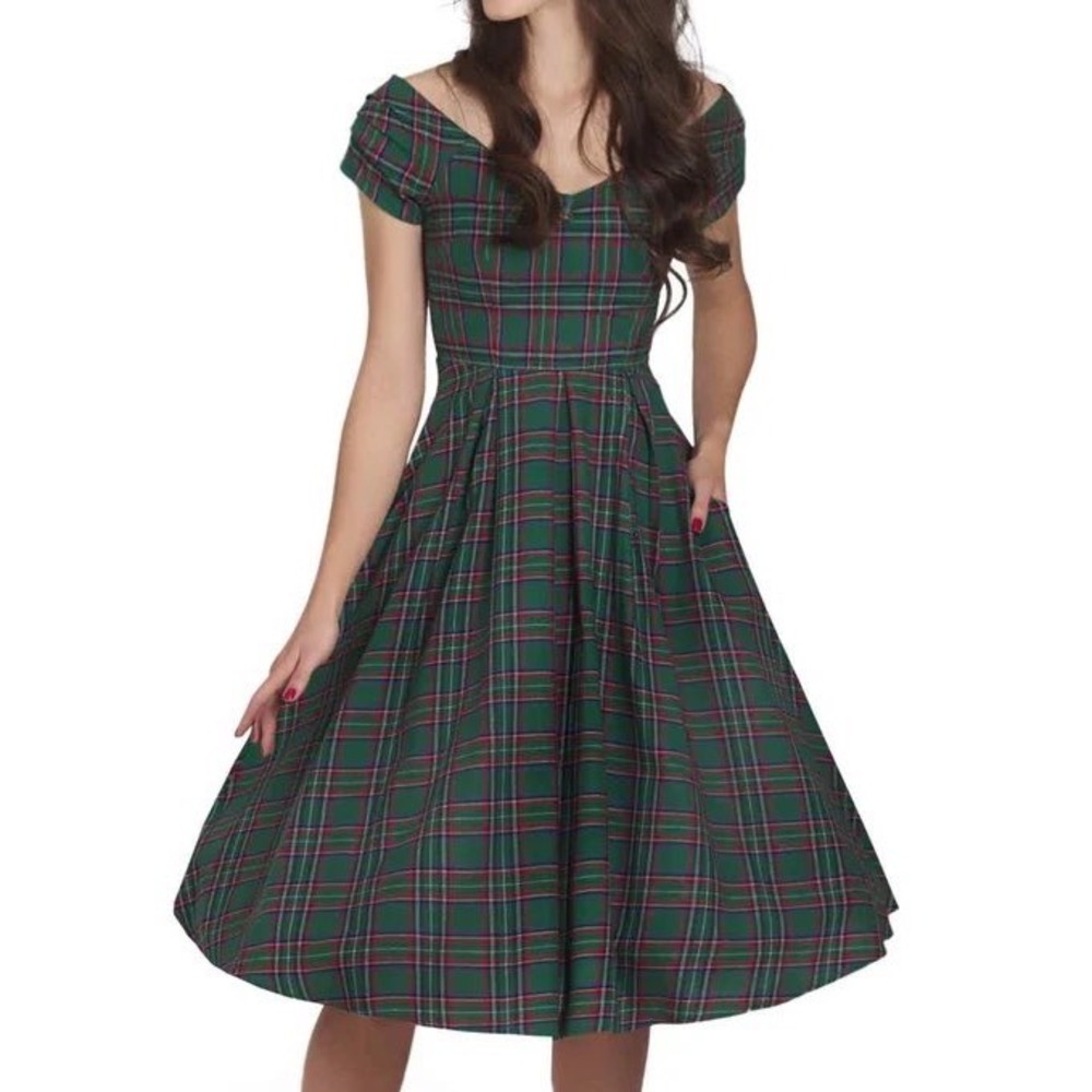 Dolly and Dotty Green Plaid Retro Rockabilly Fit and Flare Dress tartan 16 NEW